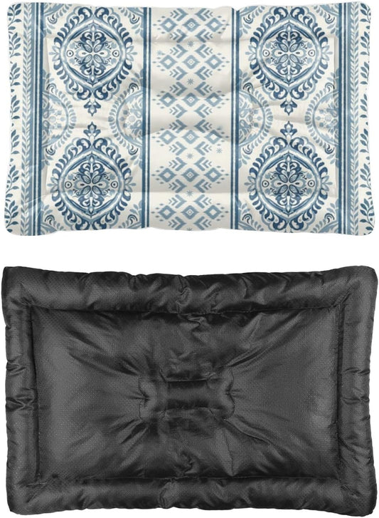 Blue Damask Stripe Washable Dog Bed for Crate Dogbed Mat Pet Crate Pad Pet Bed for Washable Non-Slip Dog Beds Crates Medium Size Tear-Resistant Mat Puppy Indoor Outdoor 36X24 Inch