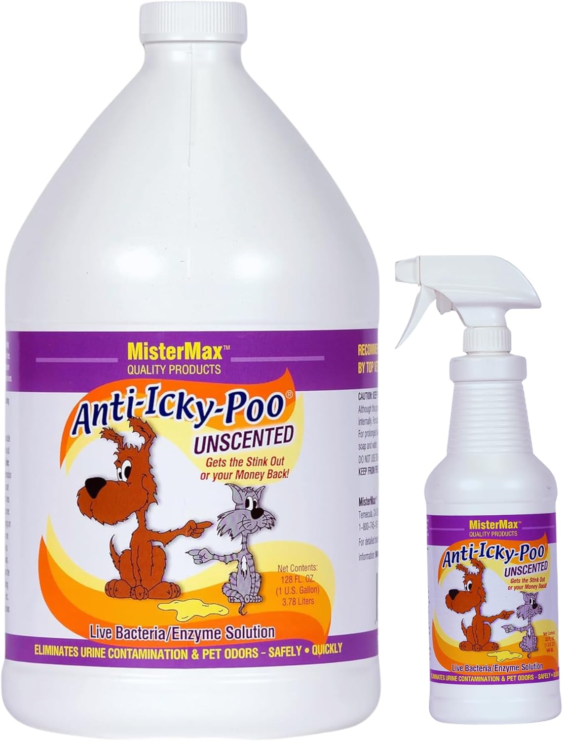 Mister Max Anti Icky Poo Pet Urine Enzyme Cleaner & Feces Odor Remover, Enzymatic Cleaner for Dog & Cat Urine, Pet Odor Remover Spray, 1 Gallon & Quart Size Unscented