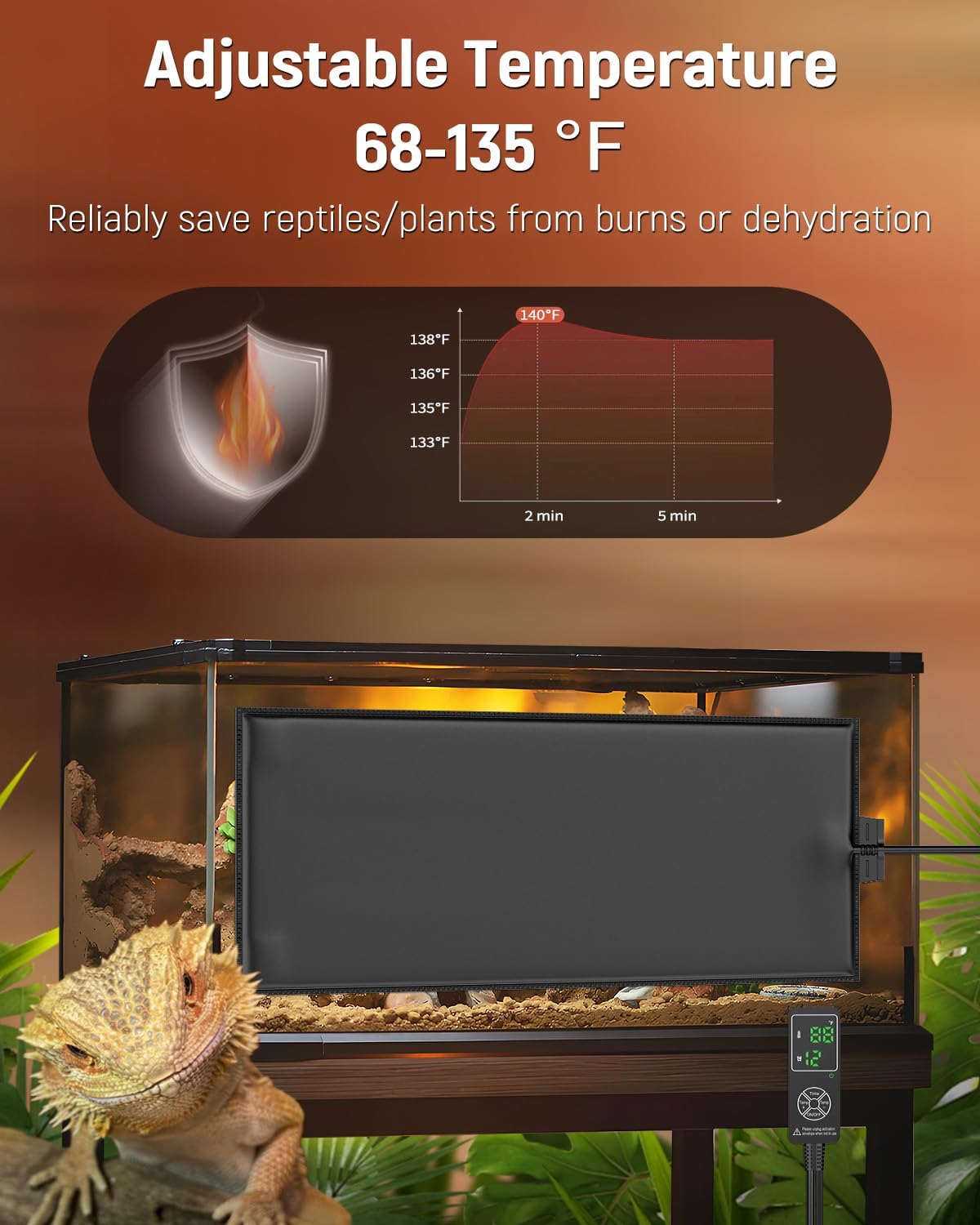 Pawfly Reptile Heat Pad with Thermostat & Timer - Reptile Heating Pads 25 W, 17.7 x 8 Inch Hermit Crabs Heating Pad, Heat Mat for Reptiles Turtles Frogs Snakes Lizards Geckos Plants Seedlings