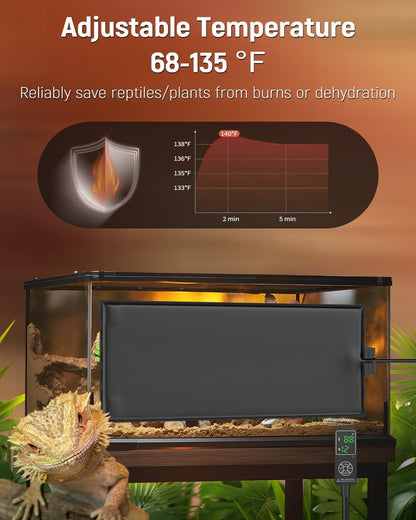 Pawfly Reptile Heat Pad with Thermostat & Timer - Reptile Heating Pads 25 W, 17.7 x 8 Inch Hermit Crabs Heating Pad, Heat Mat for Reptiles Turtles Frogs Snakes Lizards Geckos Plants Seedlings