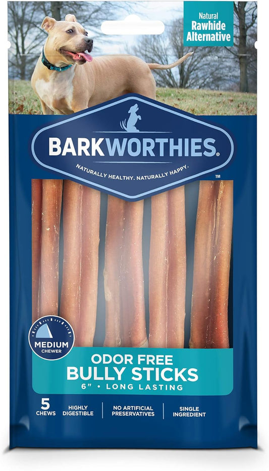 Barkworthies Odor-Free 6 Inch Bully Sticks - 5 Count (Pack of 1) - Protein-Packed, Easily Digestible, All-Natural Rawhide Alternative, Promotes Dental Health