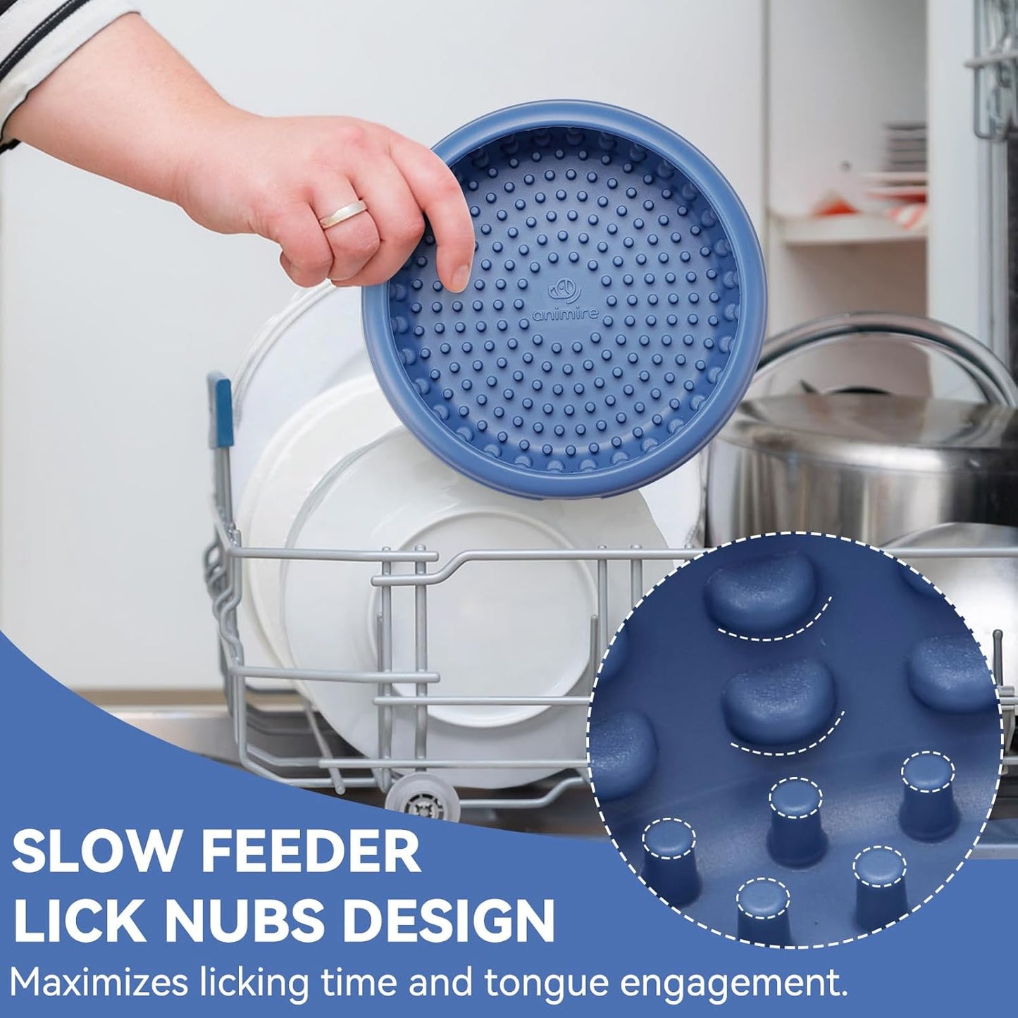 Dog Lick Bowl, Animire Freeze Lick Mat for Dogs, Non-Slip Slow Feeder Licking Bowl Enrichment Treat for Distraction Anxiety Relief, Food Grade Silicone, Dishwasher Safe(Dark Blue,XL)