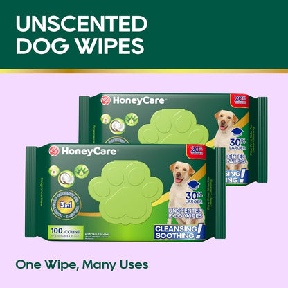 HONEY CARE Disposable Pet Wipes for Dogs & Cats – Cleansing & Soothing, Fragrance-Free, 100 Wipes for Paws, Butt & Body Cleaning(100 Pcs/4Packs