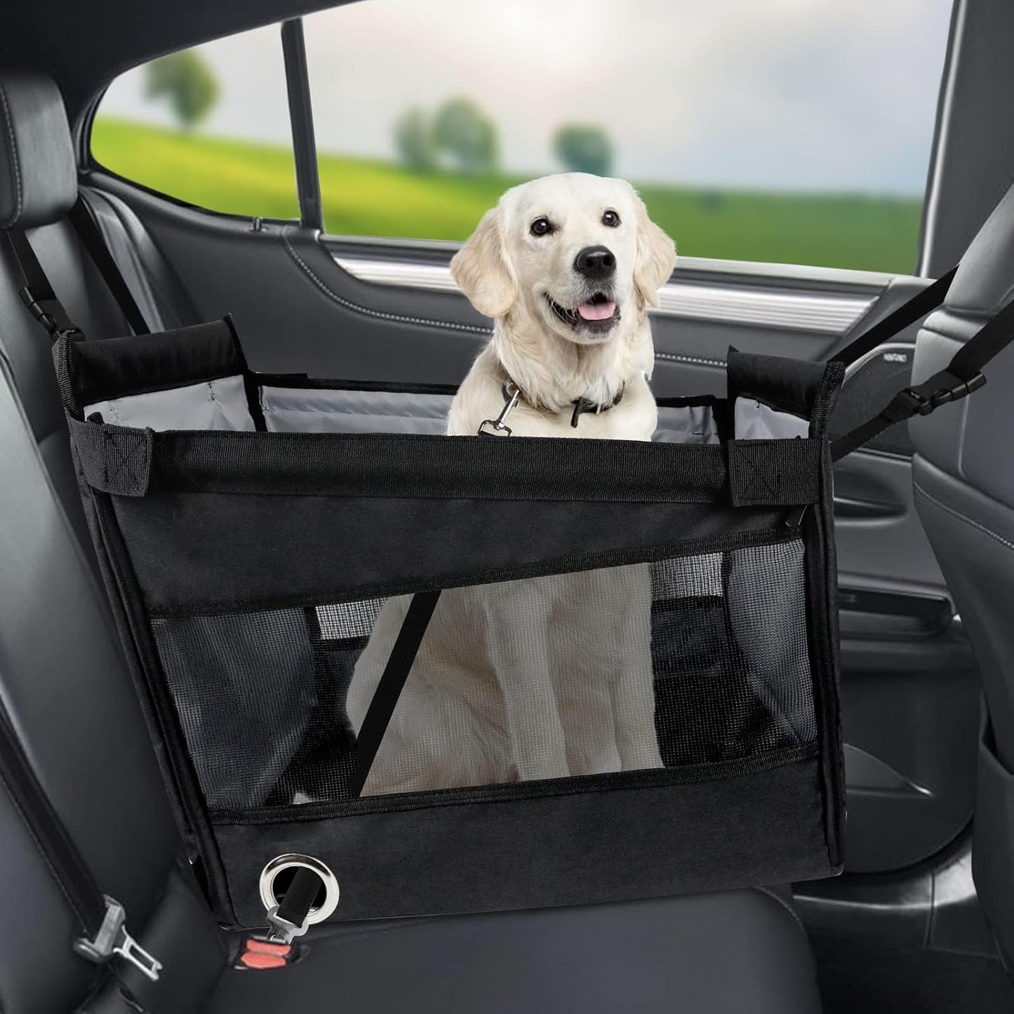 Black Portable Dogs Car Seat for Travel Dogs, Safety Leash, Adjustable Straps, Medium Dog Car Seat, Dog Travel Bed Washable Foldable, with Storage Pockets
