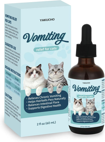 Vomiting Relief for Cats, Cat Vomit Remedy, Probiotic Digestive Support Liquid, Helps Reduce Hairballs, Relieve Sensitive Stomach & Support Gut Health, Gentle Daily Formula - 60mL