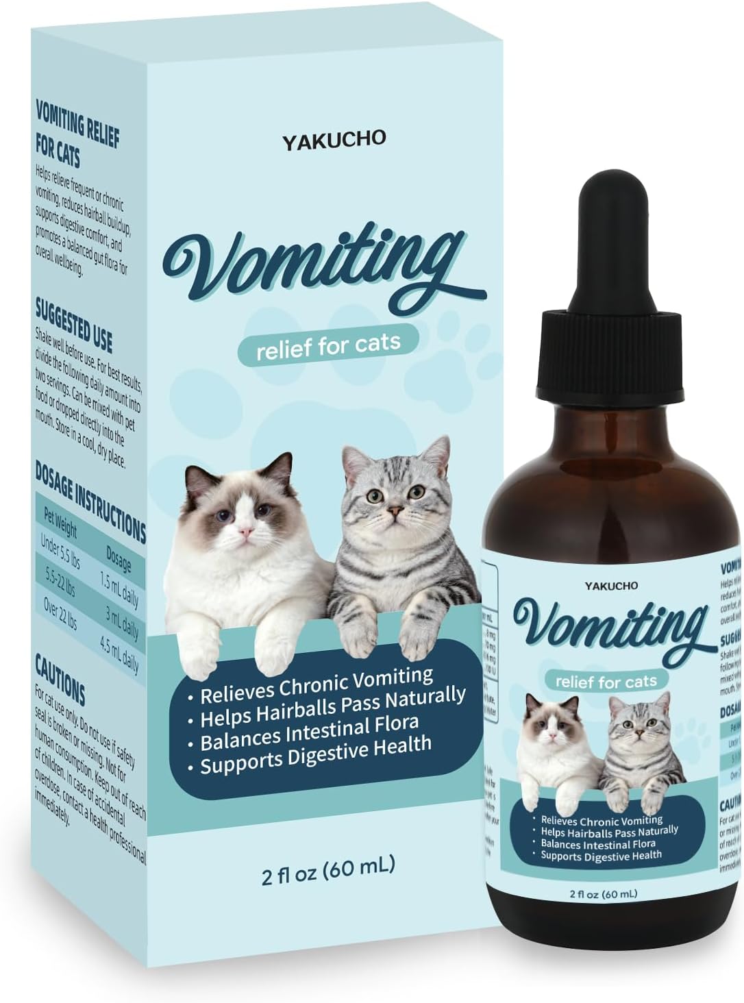 Vomiting Relief for Cats, Cat Vomit Remedy, Probiotic Digestive Support Liquid, Helps Reduce Hairballs, Relieve Sensitive Stomach & Support Gut Health, Gentle Daily Formula - 60mL