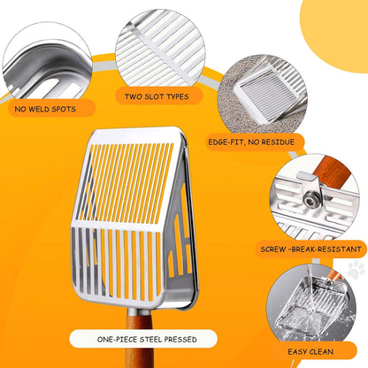 304 Stainless Steel Cat Litter Scoop with Holder Stand, One-Piece Pressed Design with No Weld Spots, Durable Anti-Break Handle, Dual Slot Sizes, Easy to Clean, Filters Small Litter Clumps