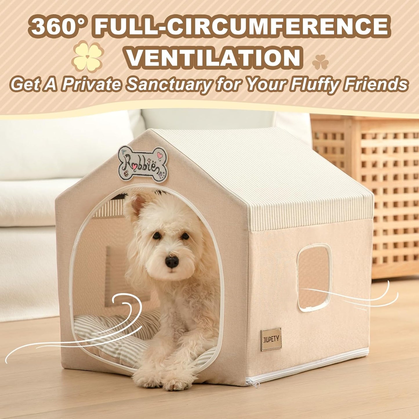 Jiupety Indoor Dog House with Frame, Cute Dog Tent Bed with Cover Cave, Breathable, Washable, and Foldable House, Suitable for 10-20 Lb Puppy and Cats, Medium (17"×17"×17"), Beige