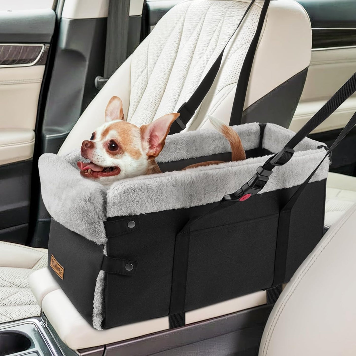 Upgraded Zipper Center Console Dog Car Seat for Small Dogs, Pet Booster Seat with Safety Hook & Adjustable Strap,Washable Center Console Car Bed with Storage Pocket for Pets up to 15lbs