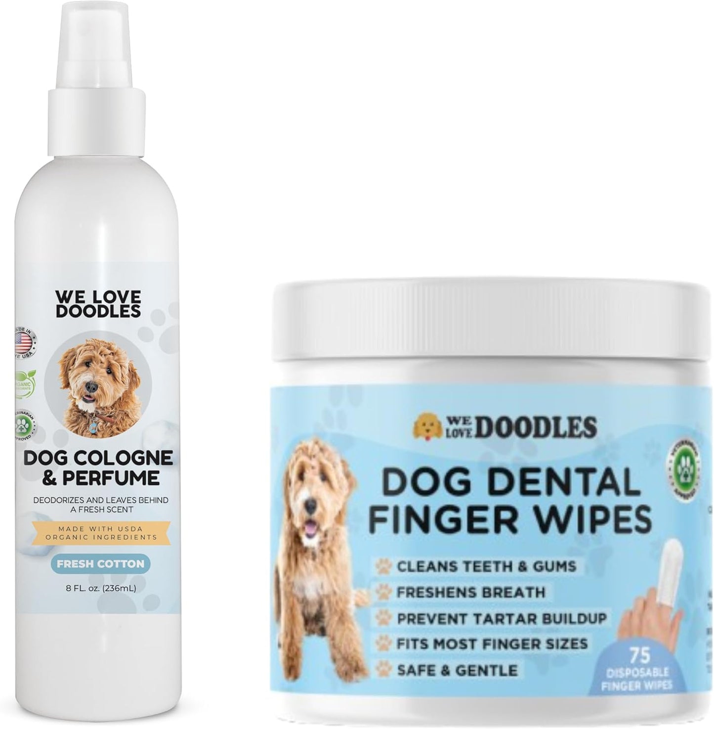 We Love Doodles 75 pcs Dog Teeth Cleaning Wipes & Dog Cologne Bundle - Pet Dental Finger Wipes for Dogs, Freshens Breath Dog Dental Wipes, Pawfume After Bath for Smelly Dogs, Fresh Cotton