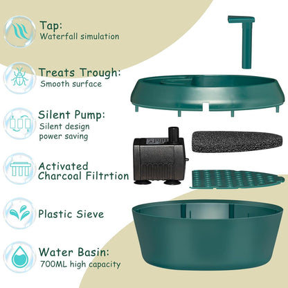 Reptile Water Drinking Fountain, Automatic Circulation, Low Noise, Energy Saving, Feeding Trough Included, Waterfall Design, Adjustable