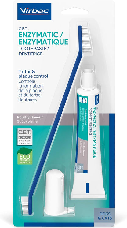 Virbac C.E.T. Oral Hygiene Kit for Cats and Dogs | 3 Piece Set with Dual Ended Toothbrush, Fingerbrush, and Poultry Flavor 2.5 oz tube of Toothpaste | Remove Plaque & Tartar Buildup