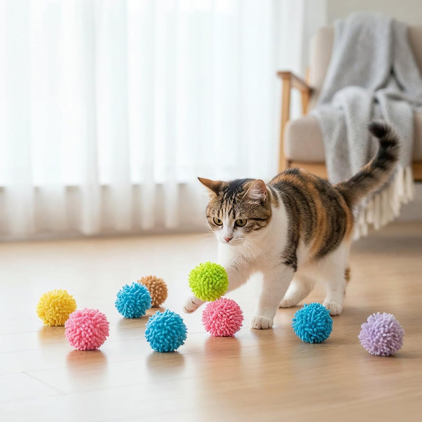 9 Pcs Fuzzy Cat Ball Toys Kitten Puff Balls Safe Pom Pom Balls for Indoor Cats 2-inch Colorful Cats Toy Ball Soft Catss Poms Kitten Chasing Toys with Bell for Catss Kittens Pet Exercising Playing