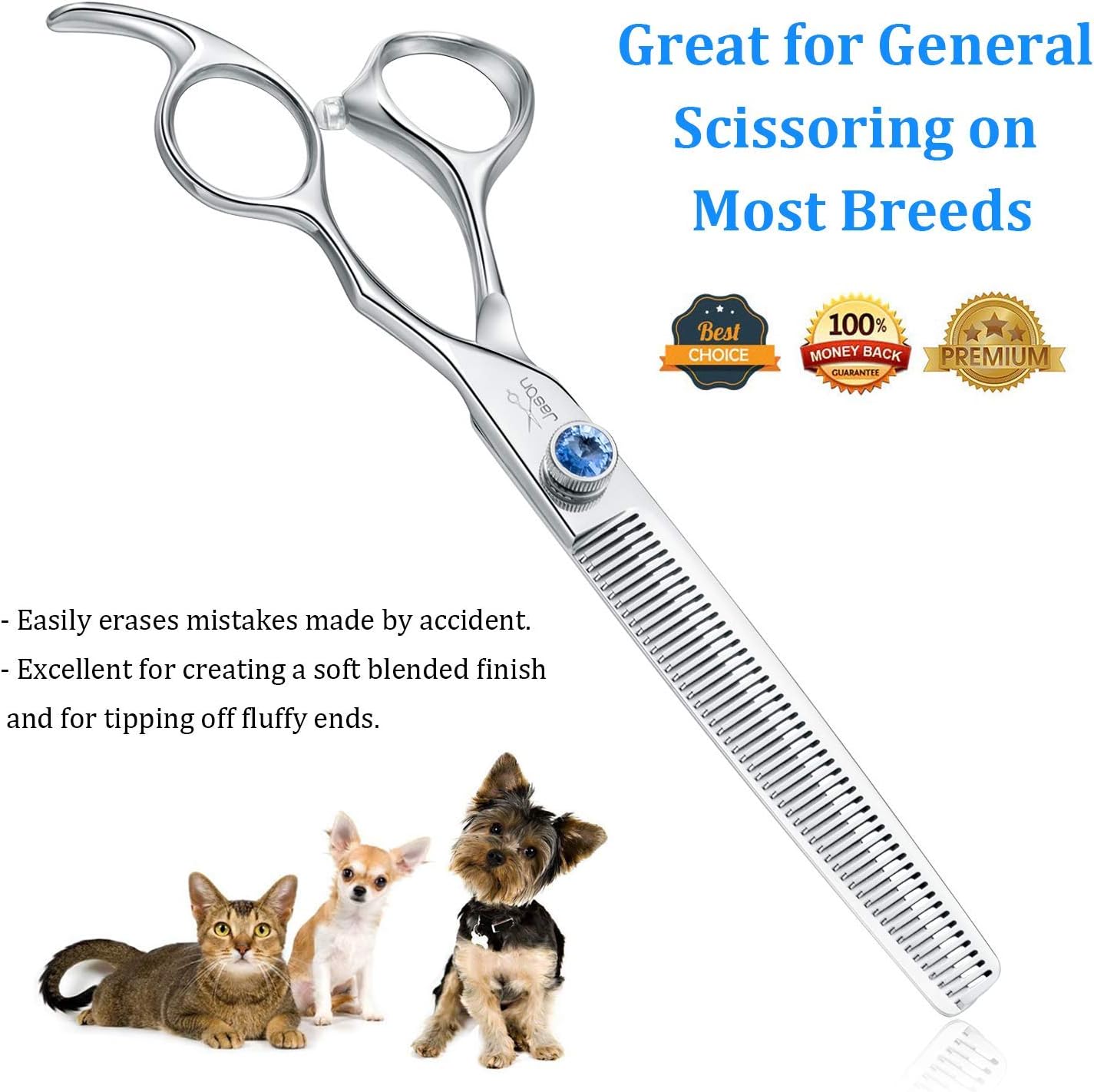 JASON 7" 50 Teeth Thinning Dog Grooming Blending Scissor, Ergonomic Pet Grooming Thinner Blender Shears Cat Trimming Texturizing Kit with Offset Handle and a Jewelled Screw 30% Thinning Rate Christmas