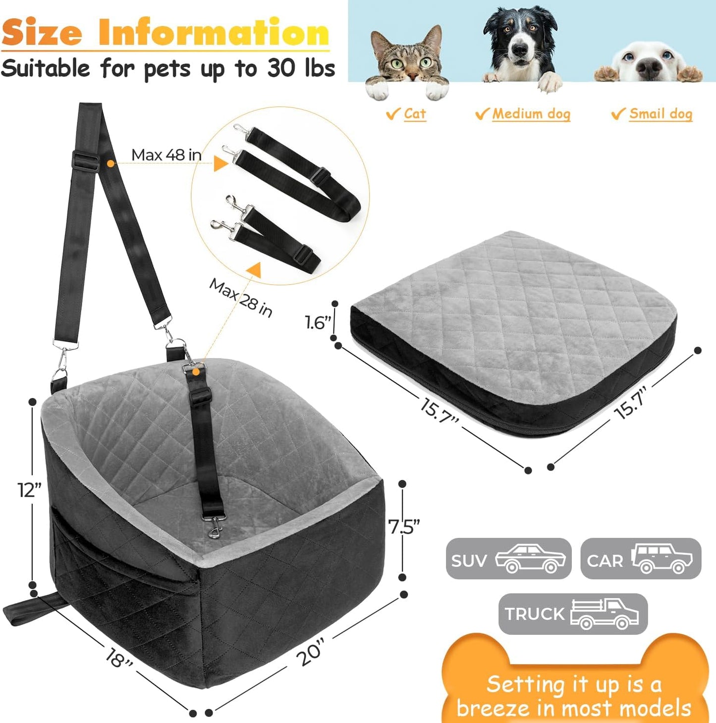 Dog Car Seat for Small Medium Dogs Under 30lbs Pet Booster Seat with Safety Leash and Storage Pockets Detachable Washable Puppy Car Seat Travel Bed to Front Backseat (Black&Grey)