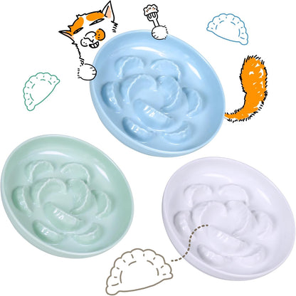 Unbreakable Slow Feeder Bowl for Cats and Small Dogs - Set of 3 Melamine Puzzle Cat Plates for Wet & Dry Food- Whisker Friendly & Dishwasher Safe & Non Slip Design (Blue + Green +White *3, 6.3''W)