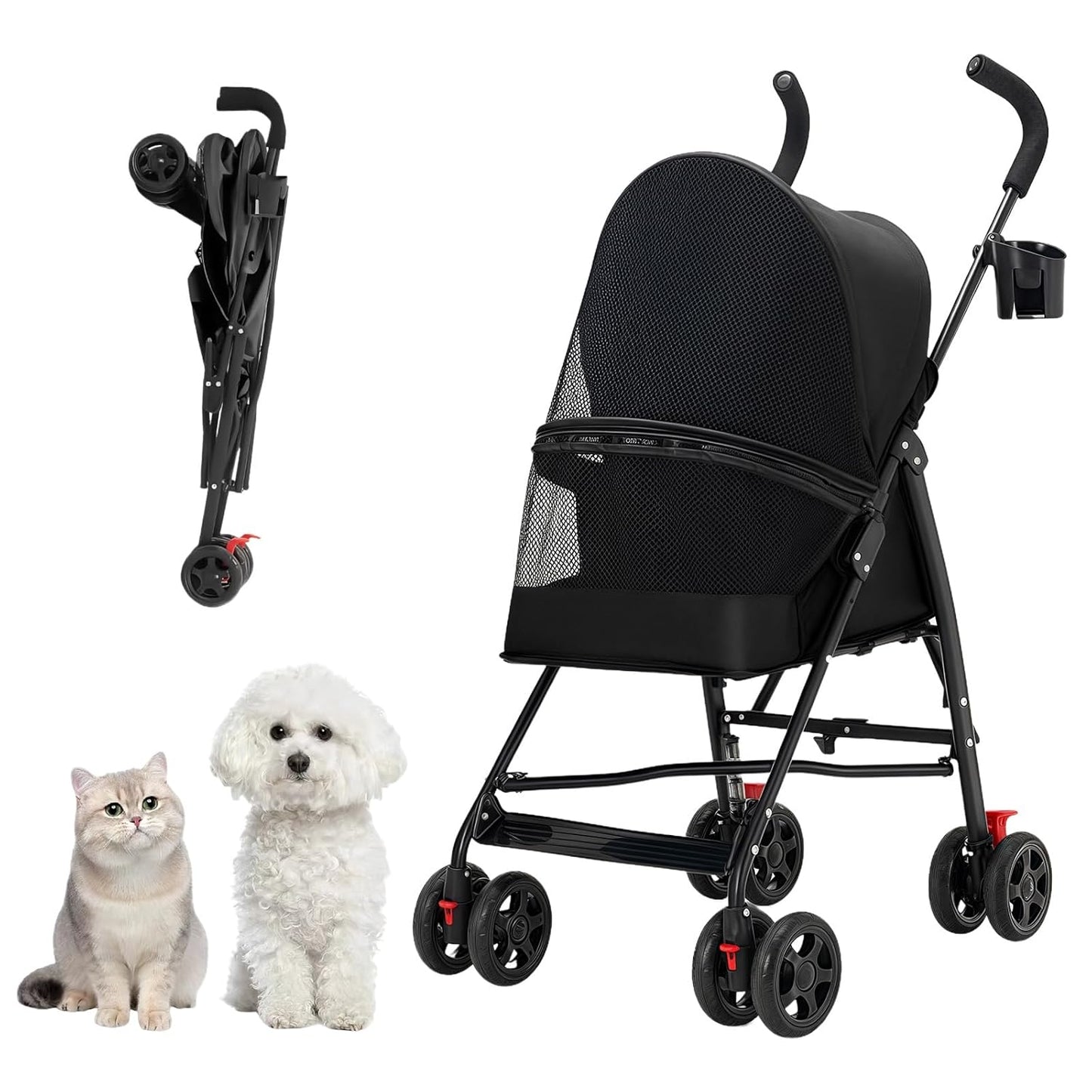 Pet Stroller with Mesh Ventilation, Lightweight Foldable Design, Cup Holder, Black