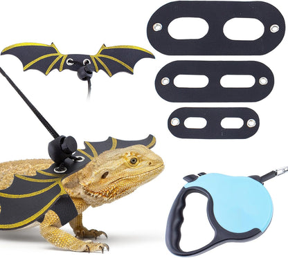 Retractable Bearded Dragon Leash with Dinosaur Wings, Comfortable Leather Harness, 3 Sizes Adjustable Escape-Proof Design