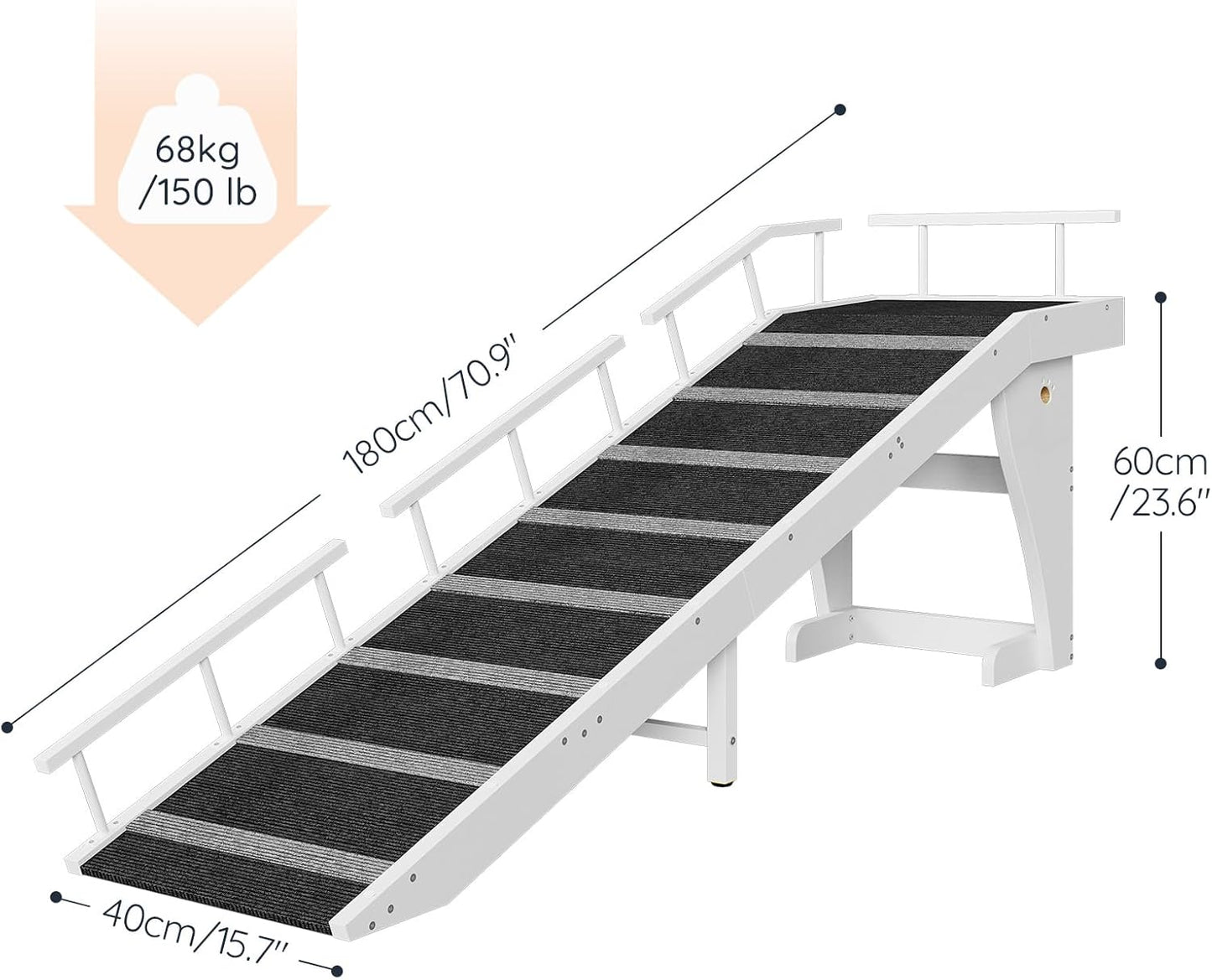 HOOBRO Dog Ramp for Bed, Large Wooden Pet Ramp for Dogs with Non-Slip Carpet Surface, Safety Rails, and Top Platform, 70.9" x 15.7" x 23.6", White and Black BW18PT03G1