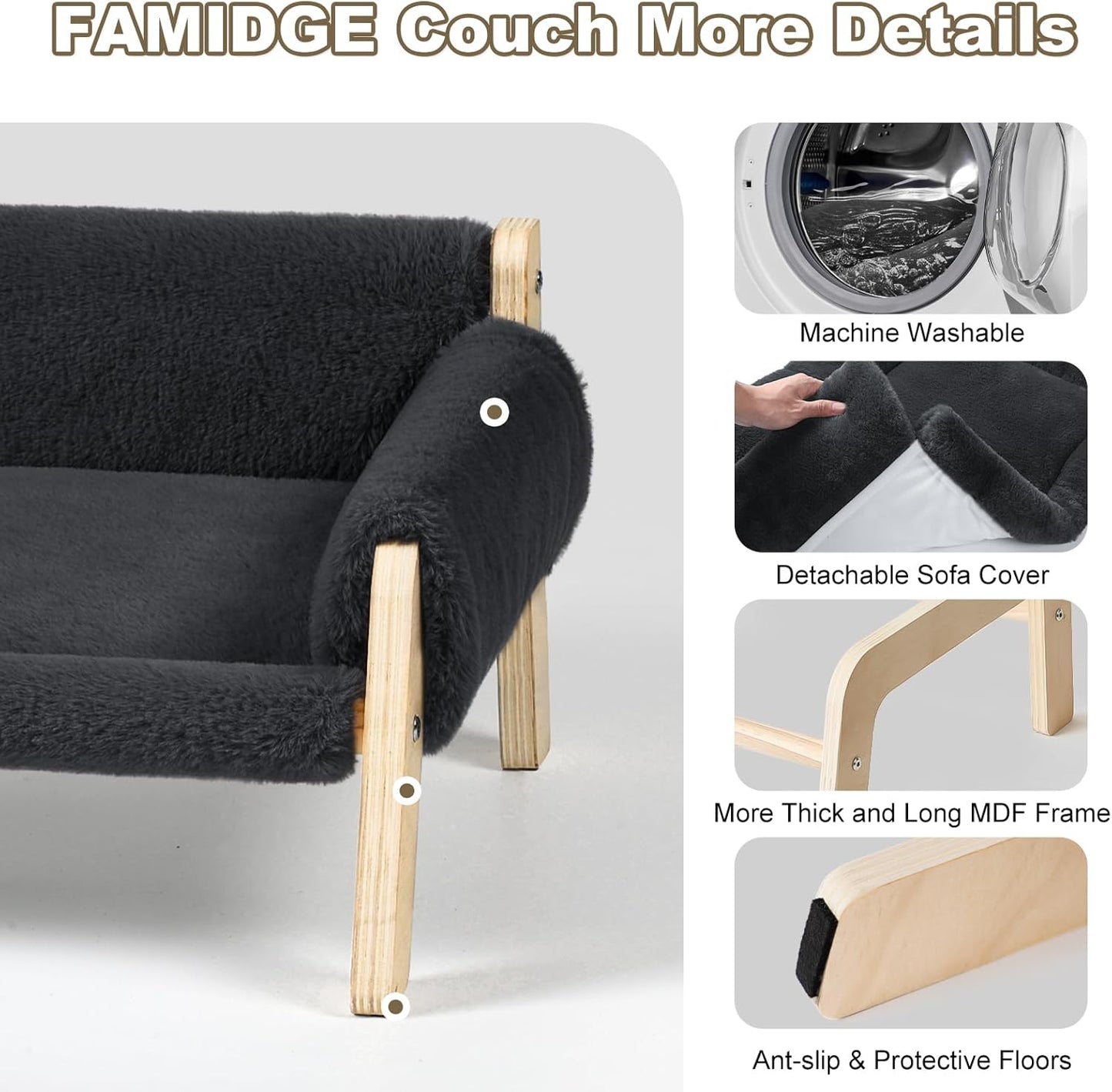 Elevated Cat Couch Bed for Indoor Cats - Wooden Pet Sofa with Removable Washable Thick Cover Raised Kitty Lounge Chair Suitable for Puppy or Small Animals(Cat Sofa Dark-Grey)