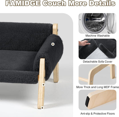 Elevated Cat Couch Bed for Indoor Cats - Wooden Pet Sofa with Removable Washable Thick Cover Raised Kitty Lounge Chair Suitable for Puppy or Small Animals(Cat Sofa Dark-Grey)