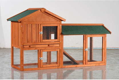 Large Wooden Rabbit Hutch Wood Brown Weather-Resistant Asphalt Roof Outdoor Porch Durable Pet Shelter