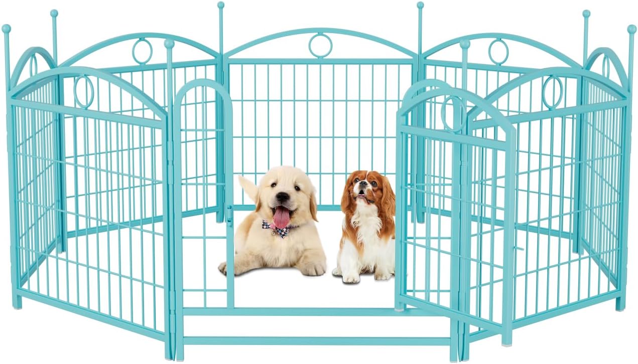 Dog Playpen Indoor 24 Inch 8 Panels Metal Dog Pen Pet Dog Fence Outdoor Exercise Pen with Doors Blue Rust-Resistant & Stable Indoor Outdoor Durable