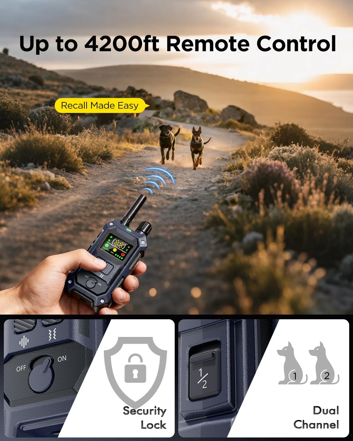 BLACKDOG Military Dog Shock Collar 2 Dogs (5-150lbs) - 4200ft Dog Training Collar with Remote, 4 Training Modes, Flashlight&Strobe, 90-Day Battery, IP67 Waterproof Dog E Collar for All Breeds (Blue)