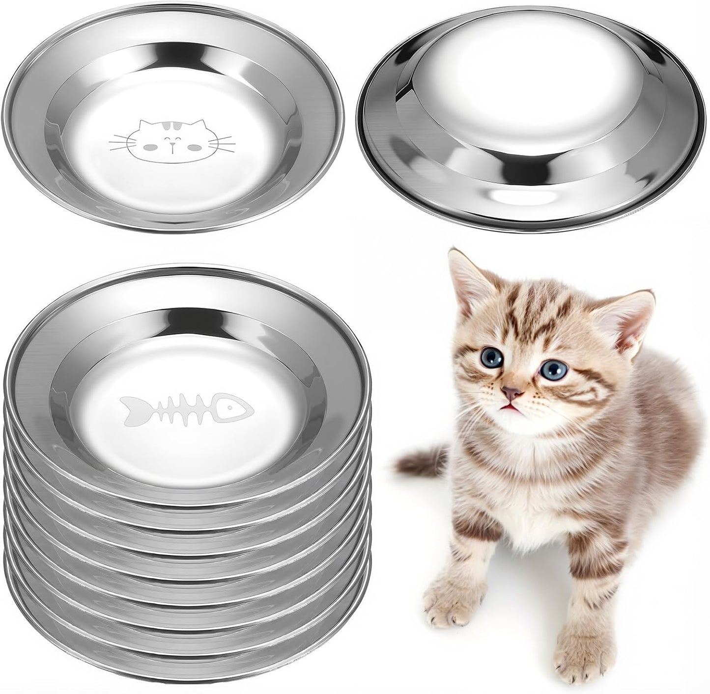 LemonRoad 8 Pcs Stainless Steel Cat Food Bowl Dishes 6.3 Inches Shallow and Wide Friendly Water Dishes Bowls for Indoor Cats Kitten and Small Pets Reducing Fatigue