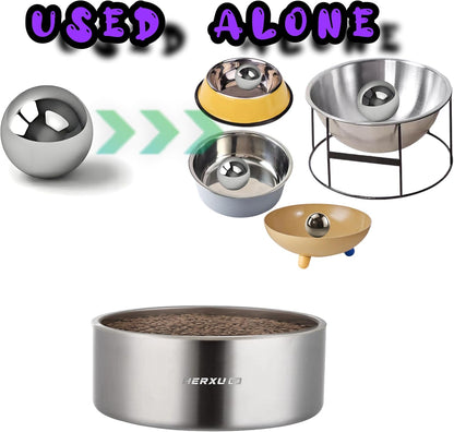 Stainless Steel Dog Slow Feeder Set – 2-in-1 Pet Bowl 64oz & Slow Feeder Ball 3.6in – Spherical Design Slows Eating & Use Separately or Together (Large)