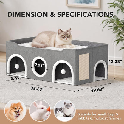 All-in-1 Extra Wide Cat House,Top Bed Three Rooms Cat Condos,Cat Beds for Indoor Cats,Multi Cats Puppy Family with Fluffy Ball Hanging and Scratch Pad, Foldable Hideaway