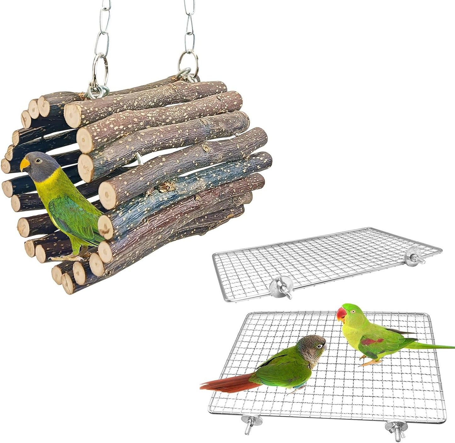 BNOSDM Wooden Bird Tunnel Parrot Swing Toys Natural Hanging Nest and 2 Pack Bird Perch Platform Stainless Steel Parrot Perches for Parakeets, Budgies, Conures, Cockatiels, Lovebirds