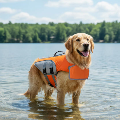 Geyecete Dog Life Jacket High Visibility Dog Life Vest for Swimming, Boating, and Water Safety, Large, Adjustable Pet Life Swimsuit-Orange-XL