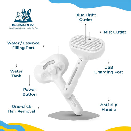 BelleBête & Co. Pet Steam Brush for Dog and Cat, Pet Hair Removal Grooming and Shedding Tool with One-Click Easy Self-Cleaning, USB Charging, No-Rinse Conditioning, Combs for Animals | Purple