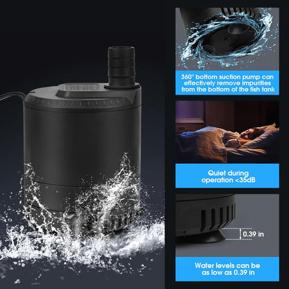 Aquarium submersible pump 109-724GPH, aquarium water pump, Adjustable water flow, Quiet operation,1 Nozzle,Suitable for fish tanks, ponds, aquariums, statues, hydroponic greens.