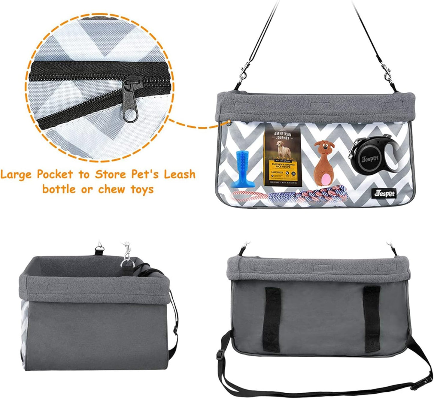 JESPET & GOOPAWS: Pet Safety Booster Car Seat - Grey Stripe -Small Dogs & Cats Up to 24lbs, Cozy Fleece Lined Bed, Collapsible Portable Travel Carrier