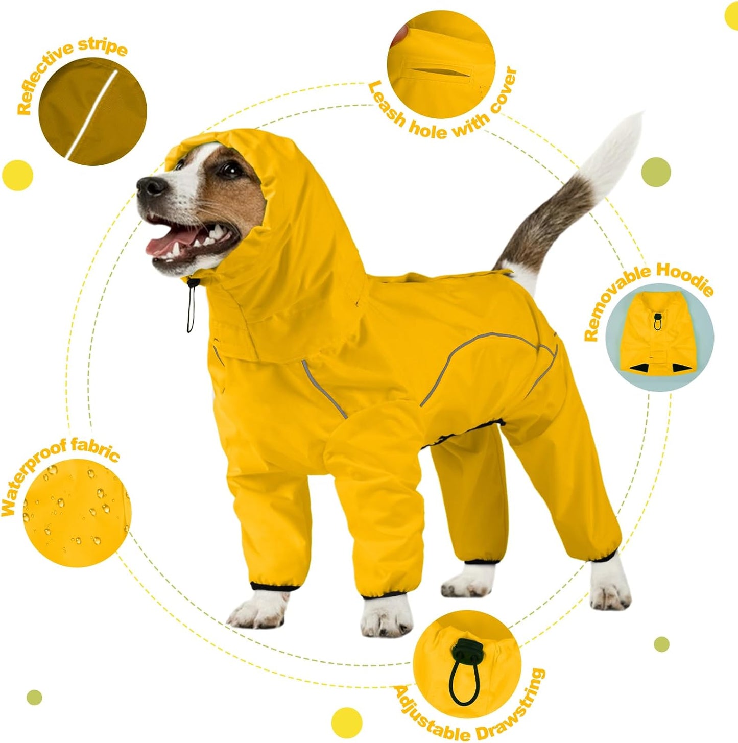 Dog Raincoat, Waterproof Dog Rain Jacket with Removable Hood，Adjustable 4 Legs Pet Poncho with Leash Hole，Reflective Stripe Hooded Snowproof Windproof Clothes for Small to 3X-Large Dogs, XL