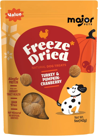 MAJOR PETS Freeze Dried Turkey & Pumpkin, Cranberry Dog Treats, Single High Protein, 100% Natural, Help with Digestion, Grain Free, Training Bites & Meal Topper for Dogs, Made in The USA, 5oz