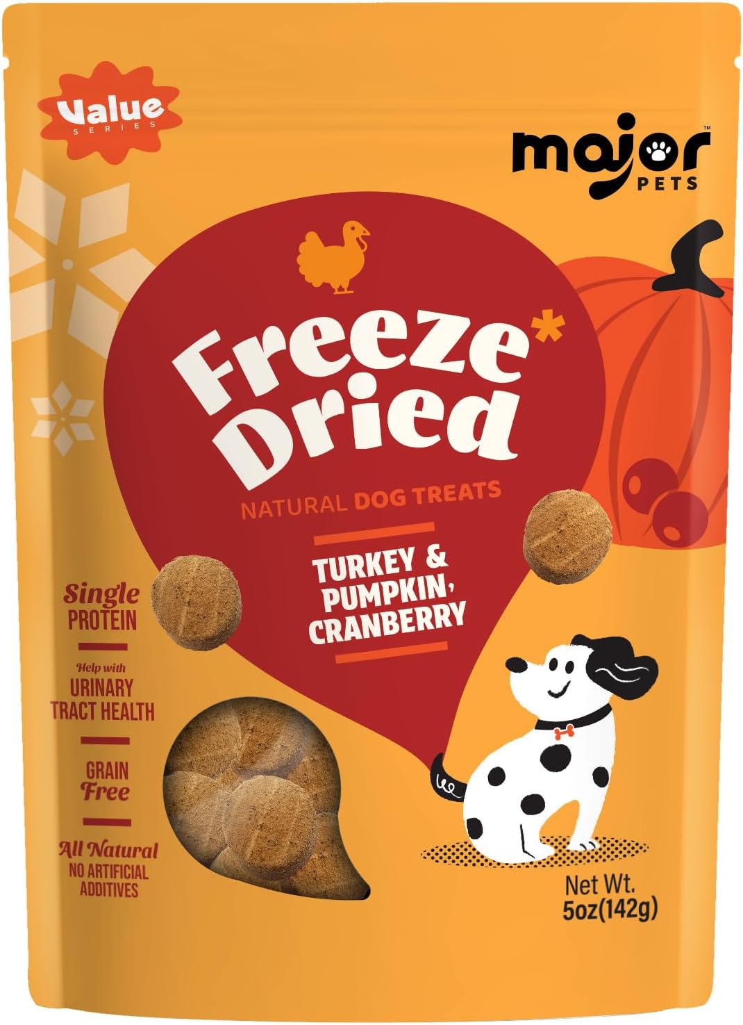 MAJOR PETS Freeze Dried Turkey & Pumpkin, Cranberry Dog Treats, Single High Protein, 100% Natural, Help with Digestion, Grain Free, Training Bites & Meal Topper for Dogs, Made in The USA, 5oz