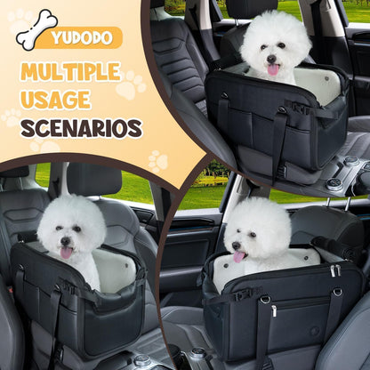 YUDODO 18lbs Dog Car Seat (Width >9in) for Small Dog Large Center Console with Removable Velvet Cushion Luxury Puppy Cat Travel Portable Booster Seat Anti-Slip Pet Car Bed Carseat PU Leather Black