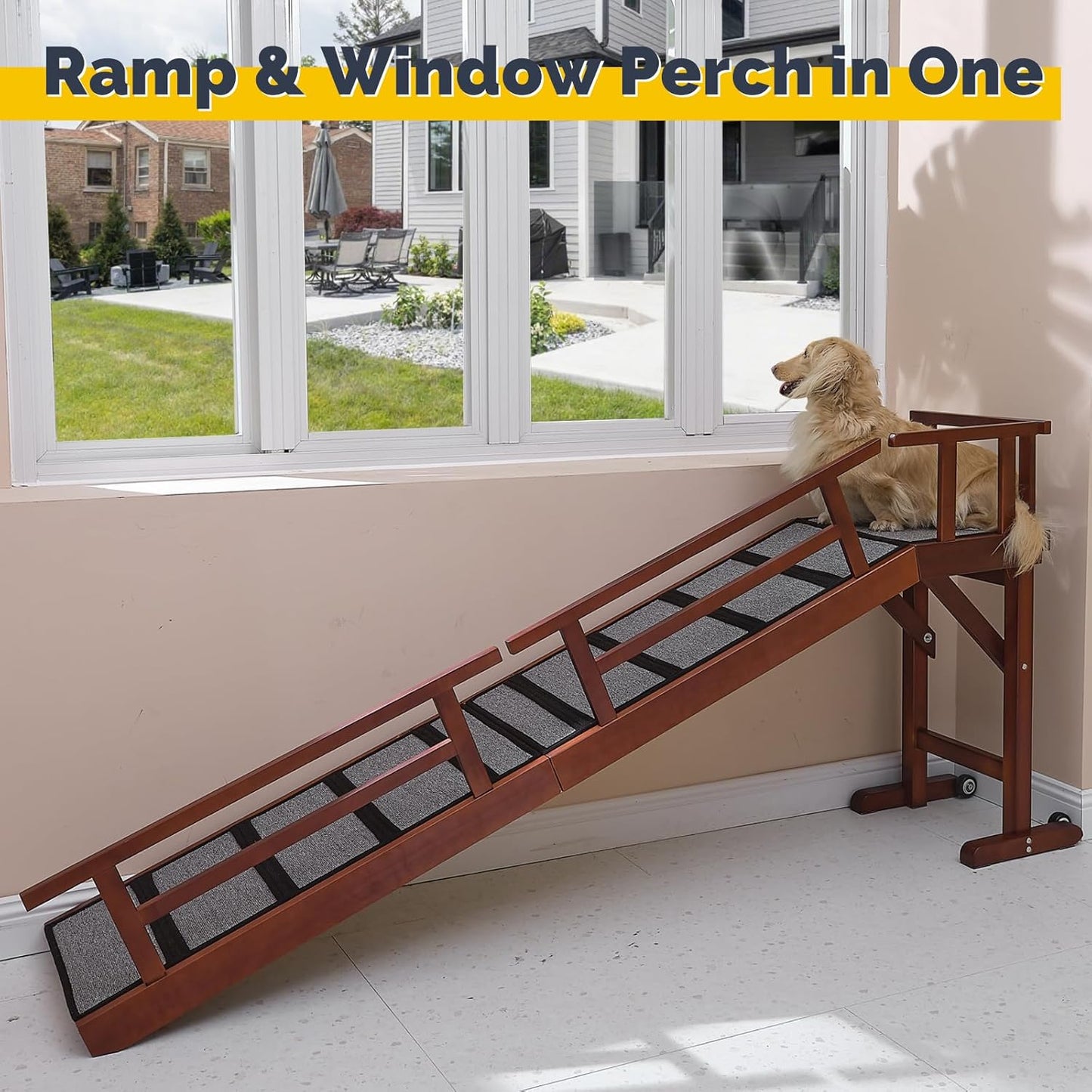 Dog Ramp for Bed or Couch, Wooden Pet Ramp with 20° Gentle Slope, Removable Side Rails, Non-Slip Surface, Top Platform & Wheels, Safe Bed Ramp for Small, Medium & Senior Dogs, 74" Long, Mahogany