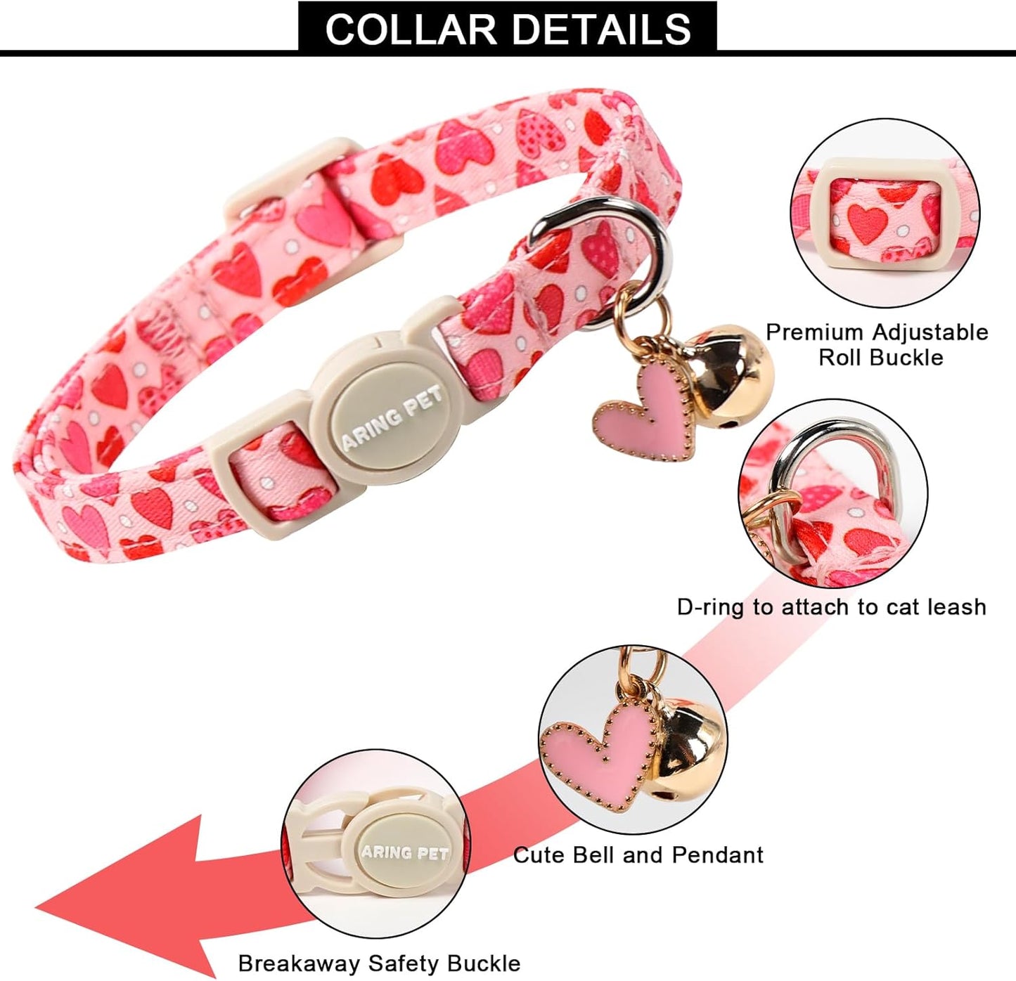 ARING PET 2 Pack Valentine's Day Cat Collar, Breakaway Kitten Small Black White Pink Heart Collars with Bells for Girl Boy Cats