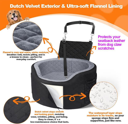 Dog Booster Car Seats for Small Medium Dogs, Fits Dogs Under 19", 28D High-Density Memory Foam with Waterproof Cover, Pet Travel Bed with Storage Pockets, Blanket, Dog Safety Belt, Black