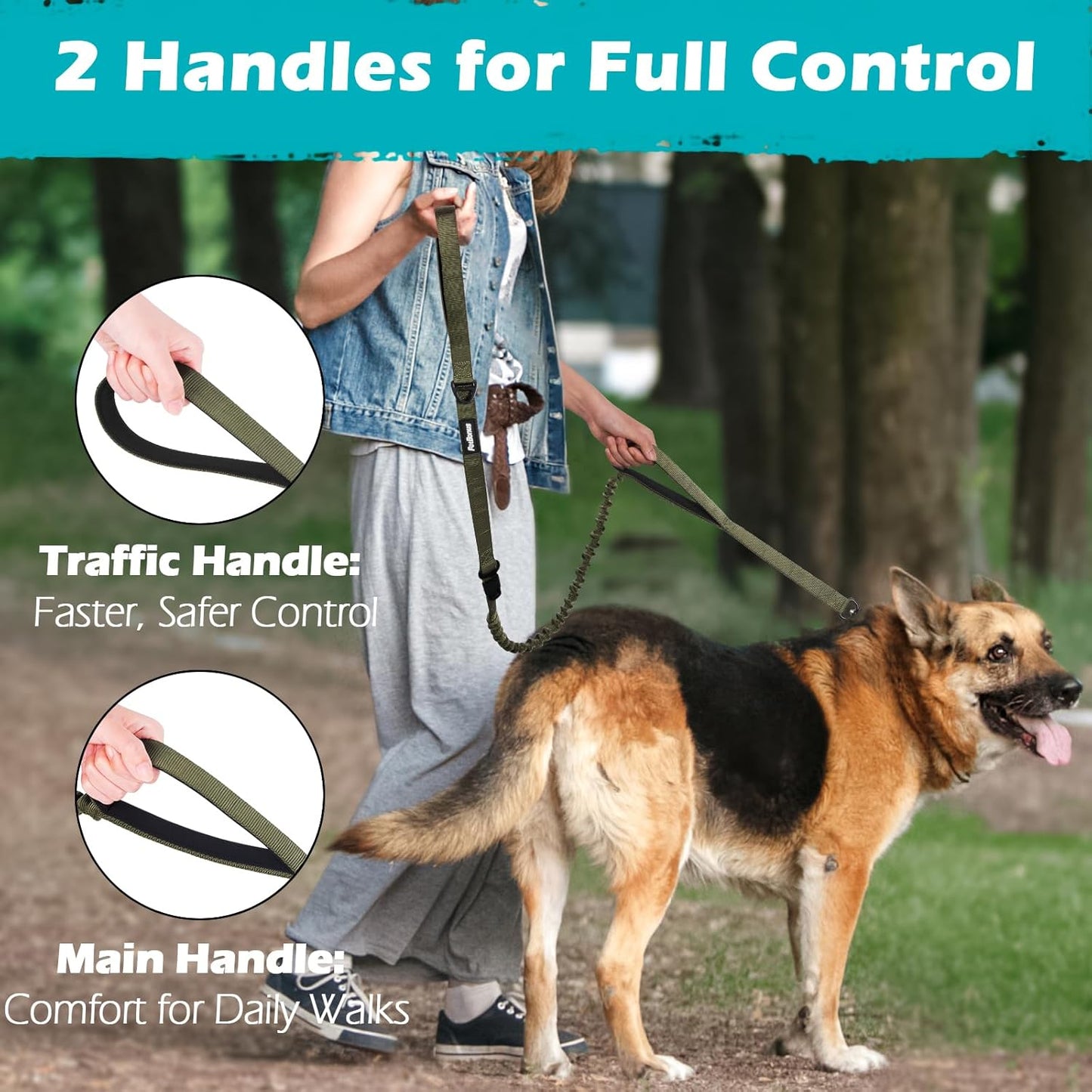 PetBonus Heavy Duty Tactical Dog Leash, 5 FT Bungee Shock Absorption Leash and Dog Collar Safety Clip