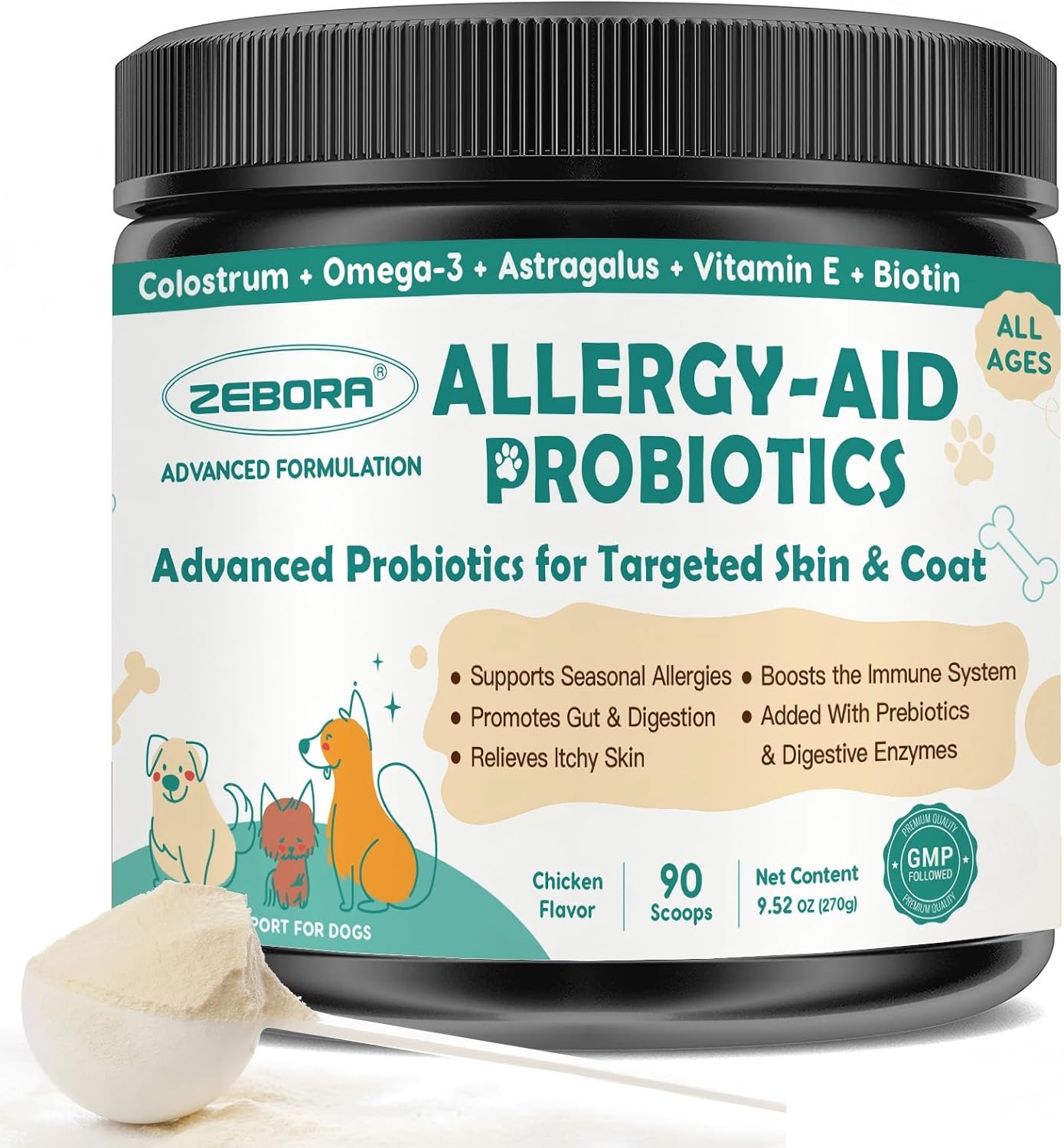 ZEBORA Probiotics for Dogs - Dog Probiotics, with Colostrum, Omega-3, Support Digestive Health, Seasonal Allergies, Itchy Ears, Dog Allergy Relief & Itching Skin Relief, 90 Scoops, Chicken Flavor