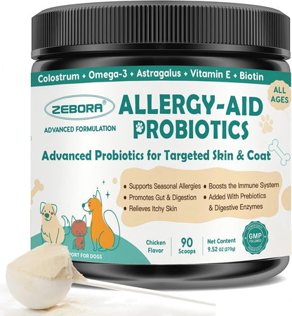 ZEBORA Probiotics for Dogs - Dog Probiotics, with Colostrum, Omega-3, Support Digestive Health, Seasonal Allergies, Itchy Ears, Dog Allergy Relief & Itching Skin Relief, 90 Scoops, Chicken Flavor