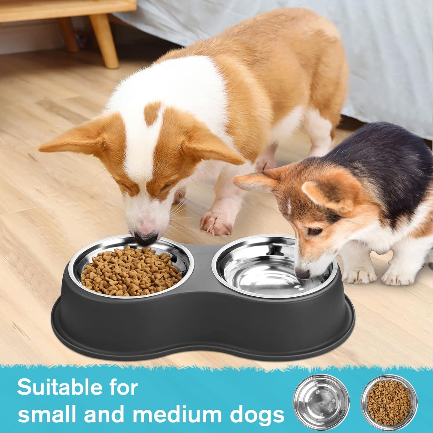 Dog Bowls Double Dog Water and Food Bowl Stainless Steel Bowl with Non-Slip Resin Station, Pet Feeder Bowls for Puppy Medium Dogs Cats
