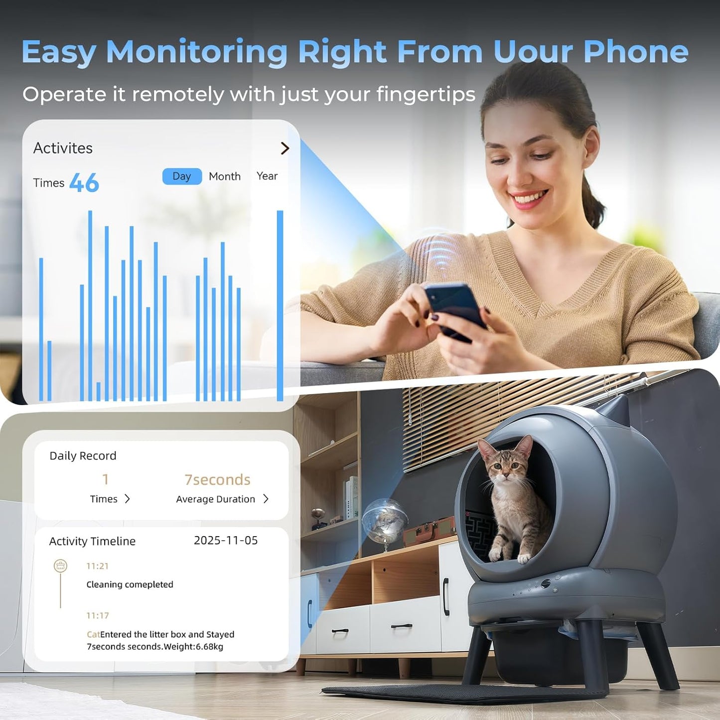 Self Cleaning Litter Box for Cats, Automatic Cat Litter Box with Smart APP Control and Health Monitoring, Includes 2 Roll Trash Bag and Litter Mat, Grey