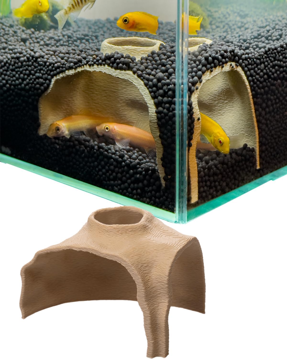 Aquarium Cave – Rock Texture Fish Shelter with 180° Viewing Angle, Betta Fish Tank Accessories, Shrimp & Snails – Aquarium Decor & Tunnel (Sand, Small)