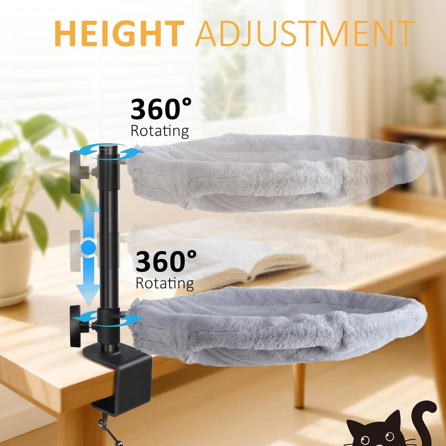 Topmart Double-Deck Cat Desk Bed with 360° Rotating & Adjustable Height, Cat Hammock for Desk with 4 Washable Pads, Kittens Bed for Desk Attachment for Home Office,Up to 45LBS, Grey & Black
